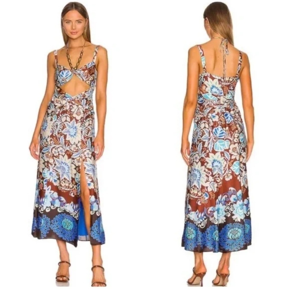 Alexis NWT Nisa Halter Midi Dress Blue Brown Floral Print Size M Resort Wedding